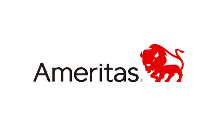 The image shows a logo with the word AMERITAS prominently displayed above a stylized lion s head, against a white background.