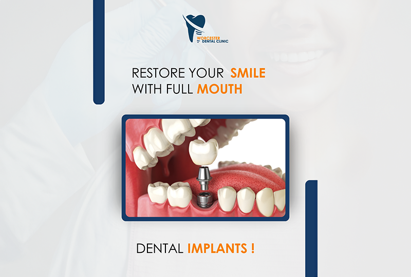 The image shows a dental implant and text promoting teeth restoration with full mouth dental implants.