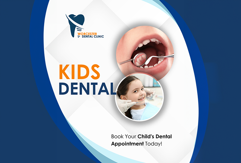 The image appears to be an advertisement for a dental clinic named 'Kids Dental' with a focus on children's oral health, featuring images of a child's teeth, a toothbrush, and a smiling child at the bottom right corner.