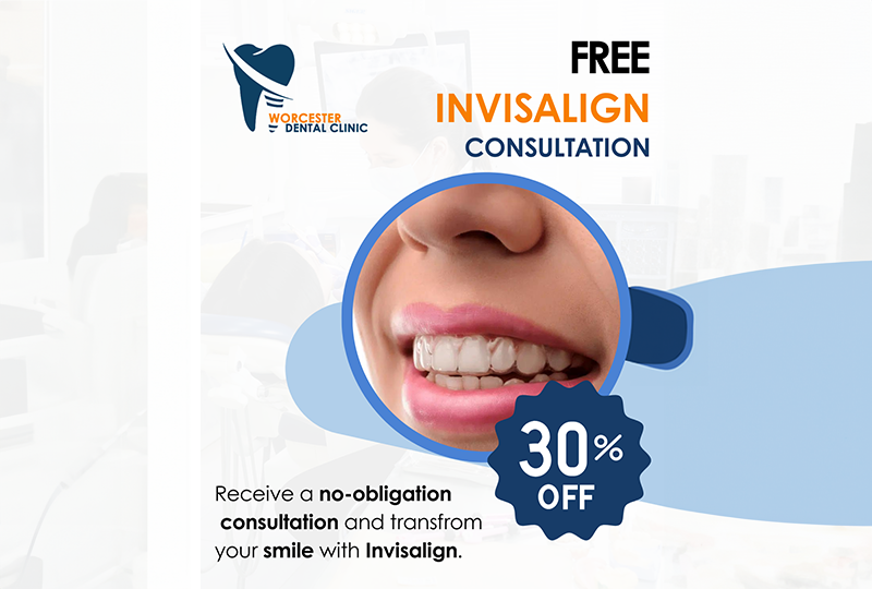 The image shows a promotional advertisement for dental services, specifically 'Invisalign consultation,' with a 30% discount offer highlighted. It features a smiling woman's close-up of her teeth, emphasizing the cosmetic benefits of the service. The ad includes a call to action and contact information, suggesting that viewers can receive a non-obligation consultation for Invisalign treatment by visiting the website or calling the phone number provided.